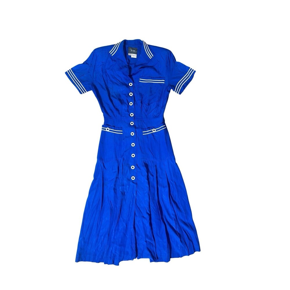 Vintage Foxy Lady Blue Button Down Prairie Dress Cotton 6 Sailor Cottagecore